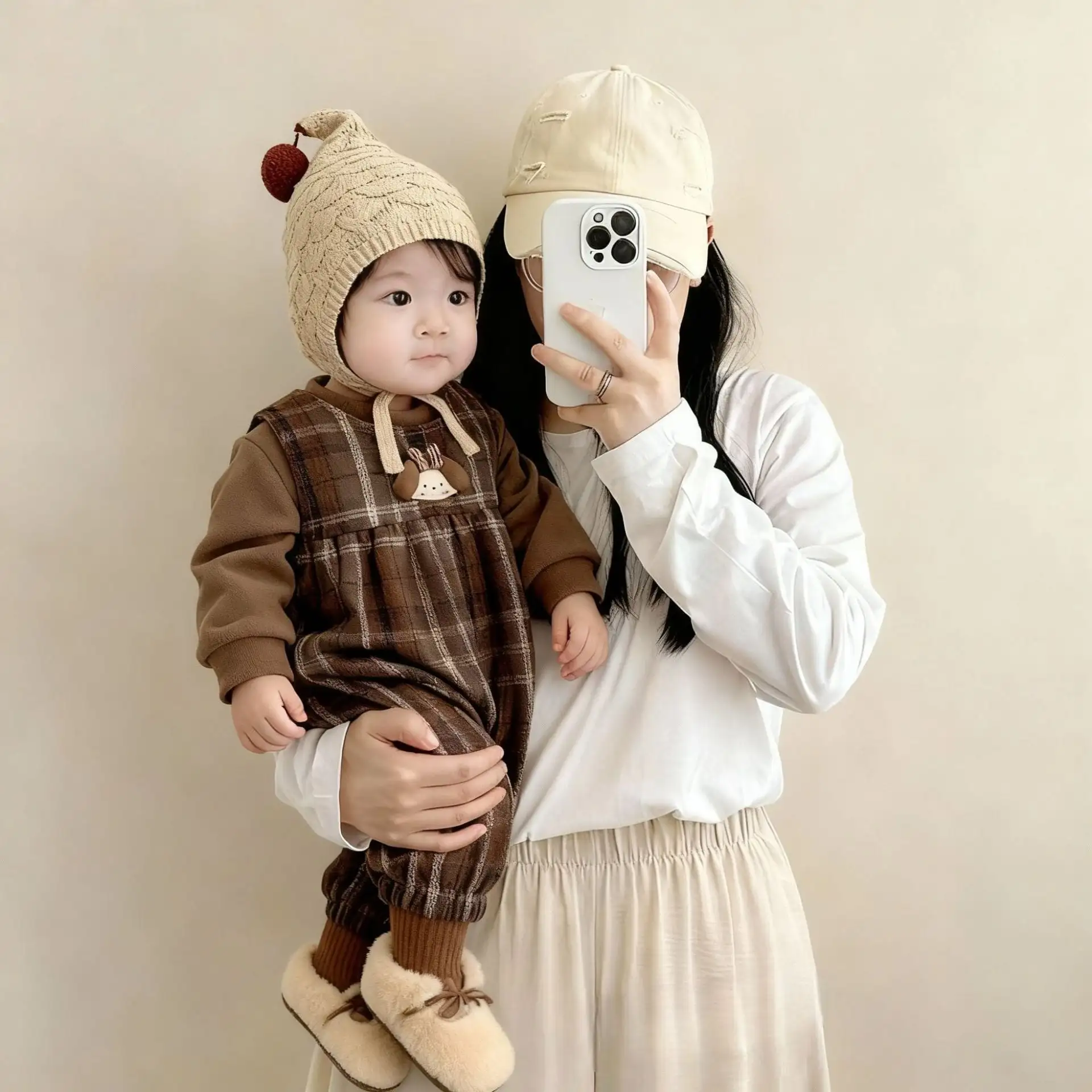 【66-100cm】ブラウン チェック オールインワン＆Ｔシャツ