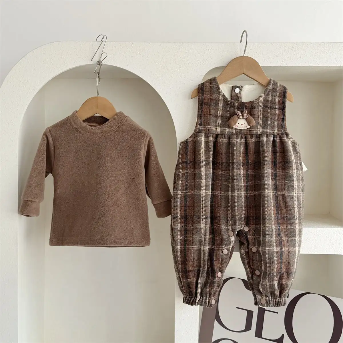 【66-100cm】ブラウン チェック オールインワン＆Ｔシャツ