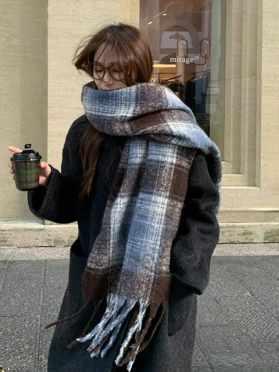 チェック柄 レディース 暖かい  フリンジ付き マフラー