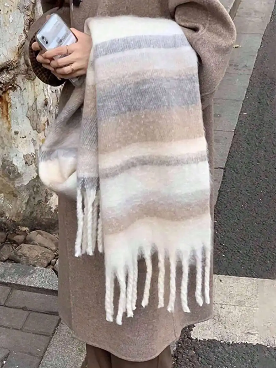 フリンジ付き ストライプ柄 快適 防風 暖かい マフラー