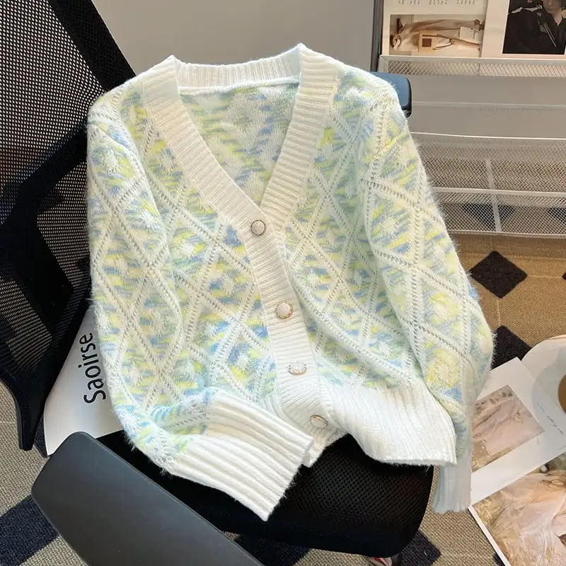 トップス セーター Vネック カーディガン ダイヤモンドパターン カラフル