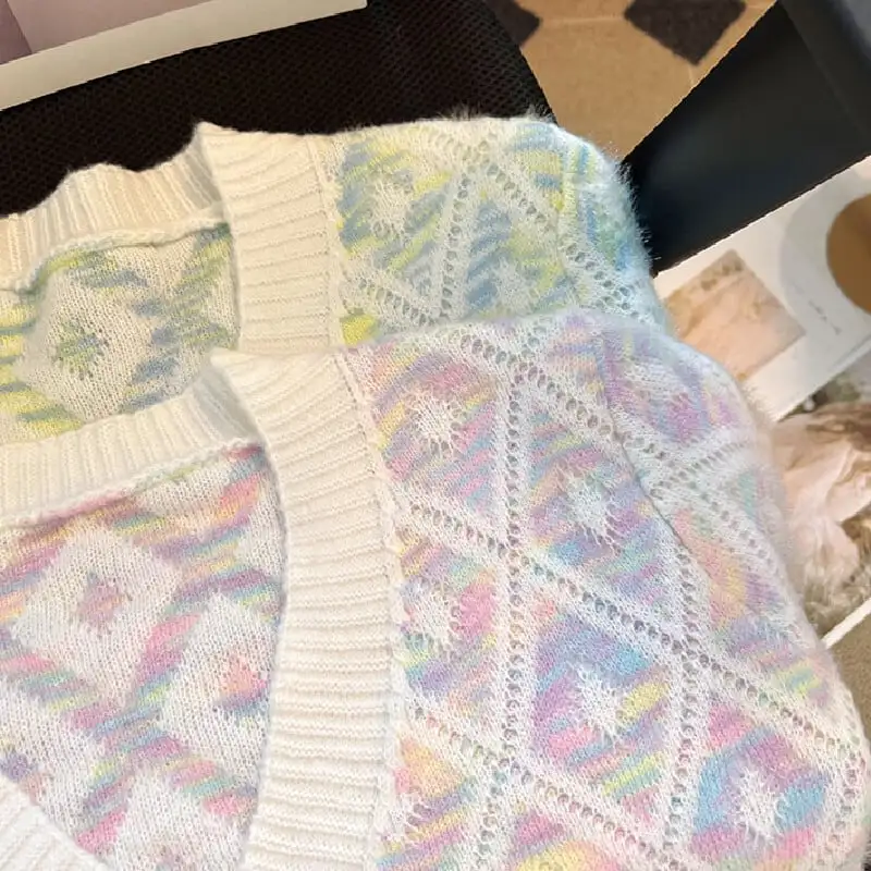 トップス セーター Vネック カーディガン ダイヤモンドパターン カラフル