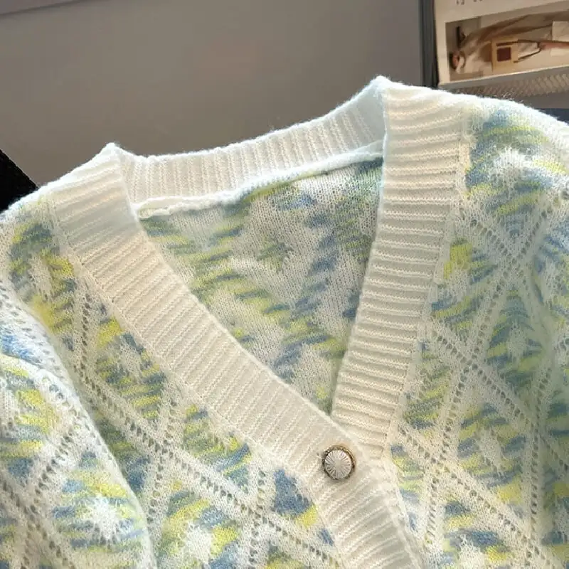 トップス セーター Vネック カーディガン ダイヤモンドパターン カラフル