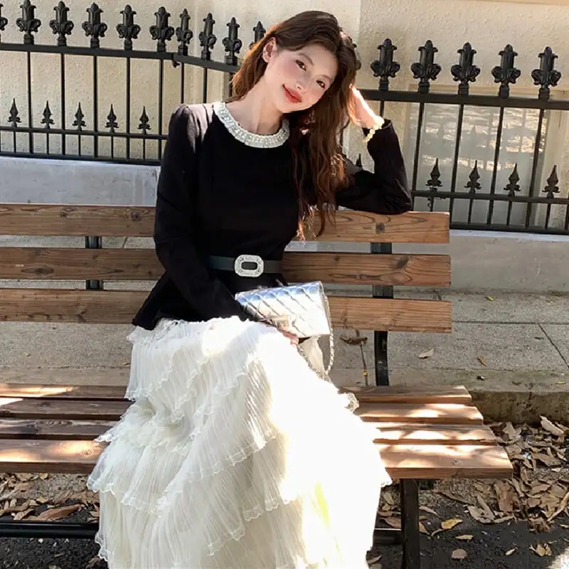 セットアップ トップス+レイヤードスカート 気質溢れる ブラック+ベージュ