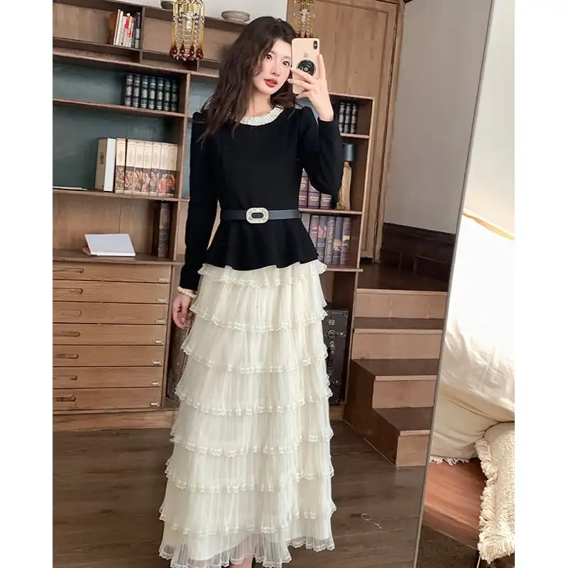 セットアップ トップス+レイヤードスカート 気質溢れる ブラック+ベージュ