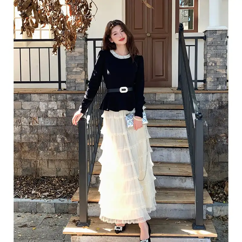 セットアップ トップス+レイヤードスカート 気質溢れる ブラック+ベージュ