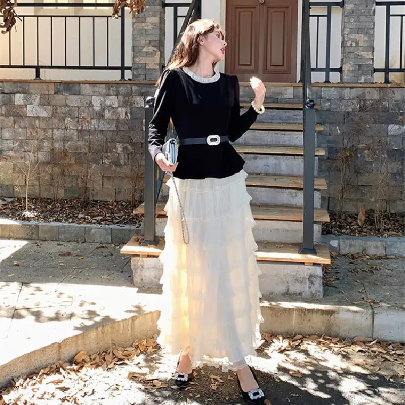 セットアップ トップス+レイヤードスカート 気質溢れる ブラック+ベージュ