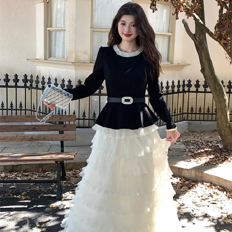 セットアップ トップス+レイヤードスカート 気質溢れる ブラック+ベージュ