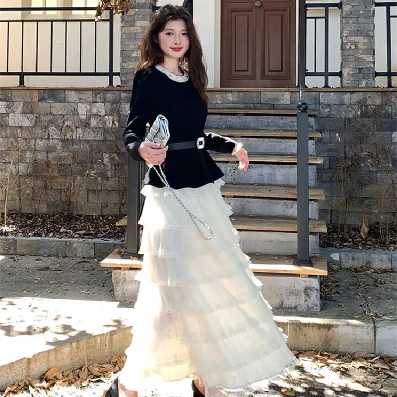 セットアップ トップス+レイヤードスカート 気質溢れる ブラック+ベージュ