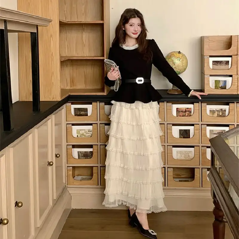 セットアップ トップス+レイヤードスカート 気質溢れる ブラック+ベージュ