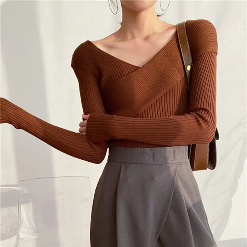 トップス カットソー · セーター ニット 女性らしい セクシー Vネック