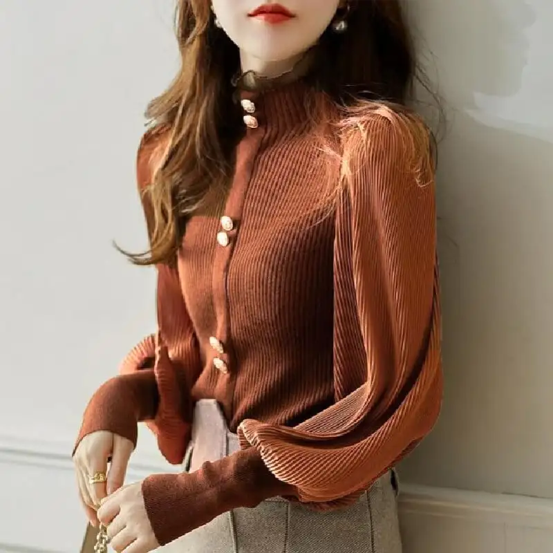 トップス カットソー 全4色展開 ニット スタンドネック 長袖 ランタンスリーブ