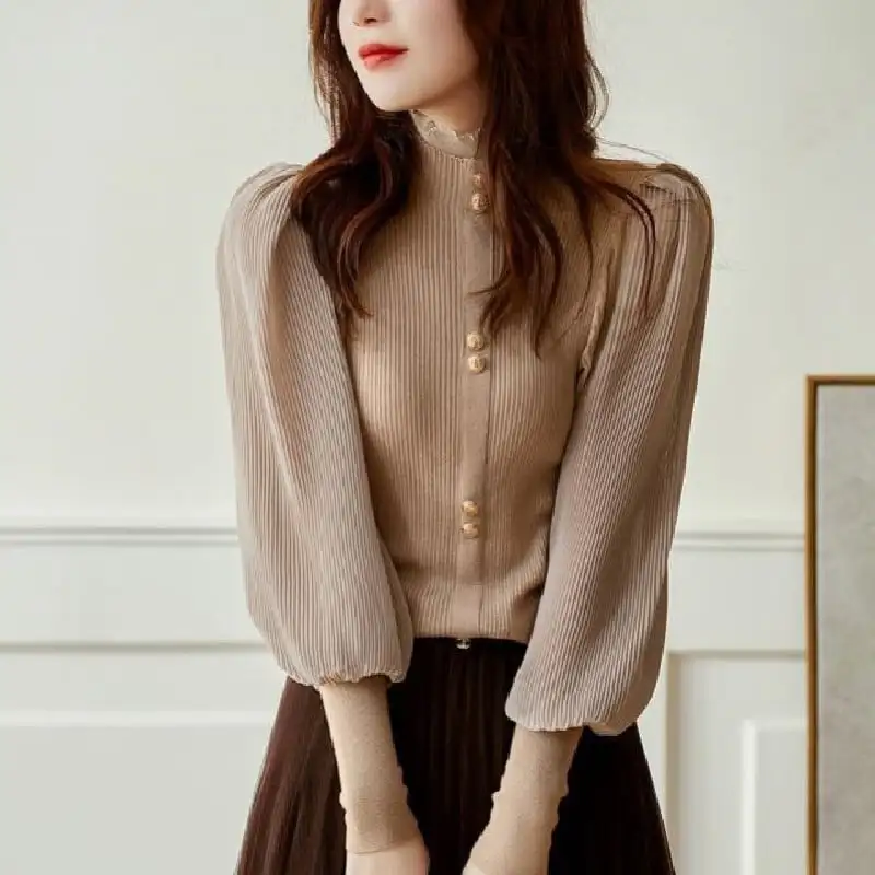 トップス カットソー 全4色展開 ニット スタンドネック 長袖 ランタンスリーブ