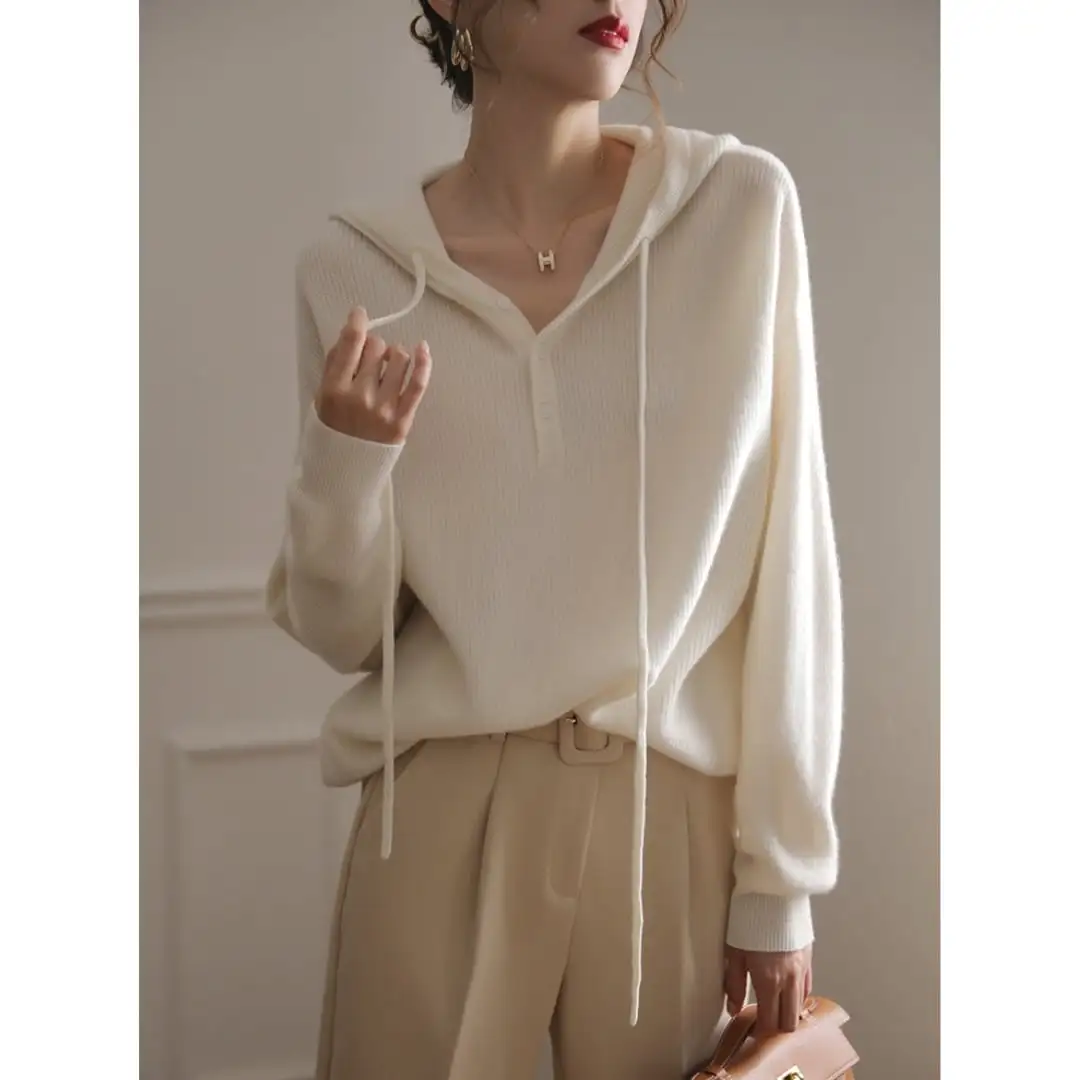 トップス カットソー ニット ボタン 長袖 カジュアル フード付き
