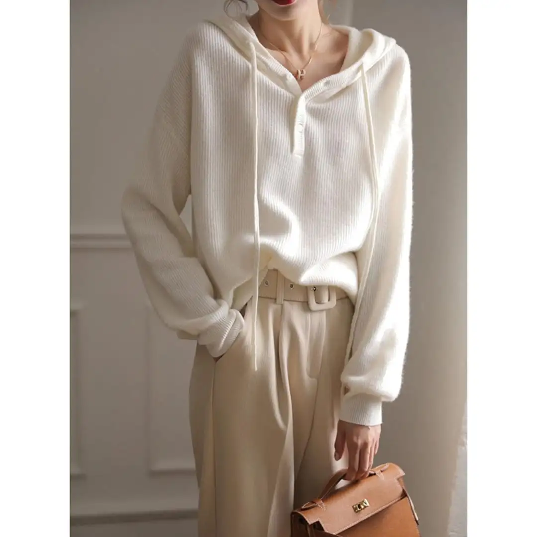 トップス カットソー ニット ボタン 長袖 カジュアル フード付き