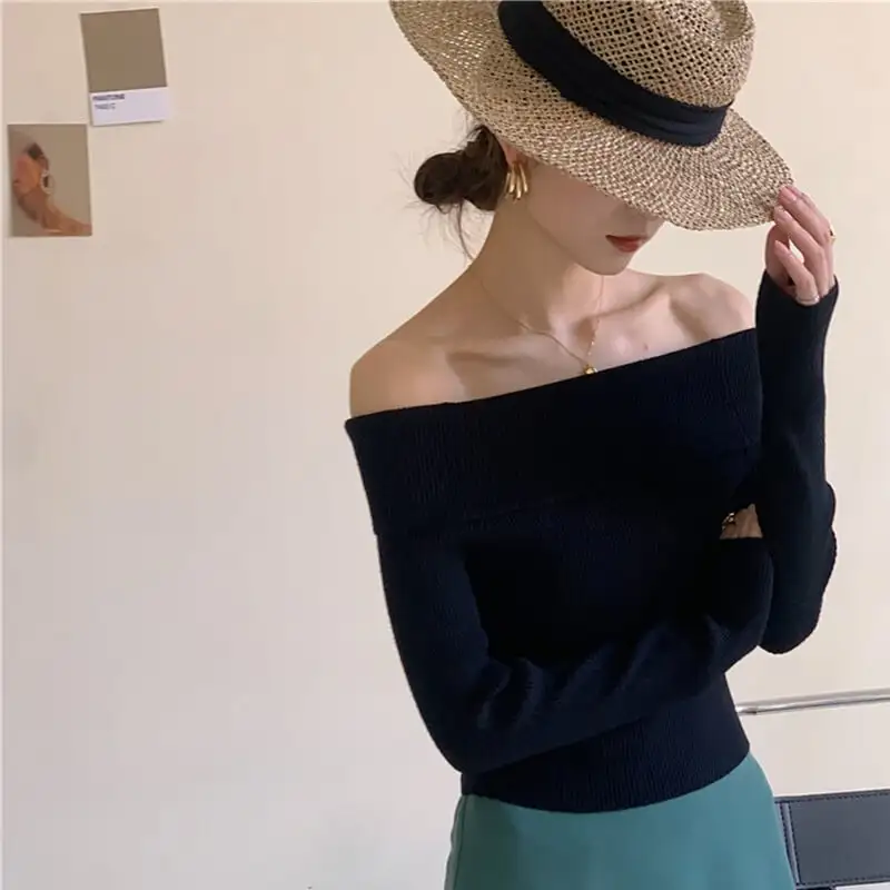 トップス カットソー · セーター 長袖 ボートネック ファッション 肩見せ