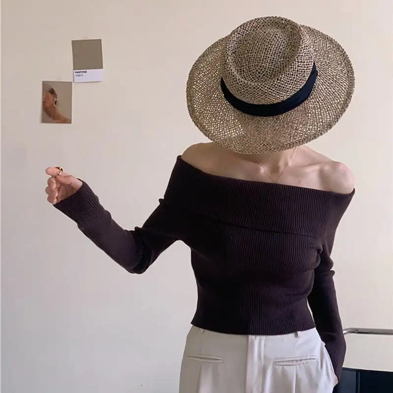 トップス カットソー · セーター 長袖 ボートネック ファッション 肩見せ