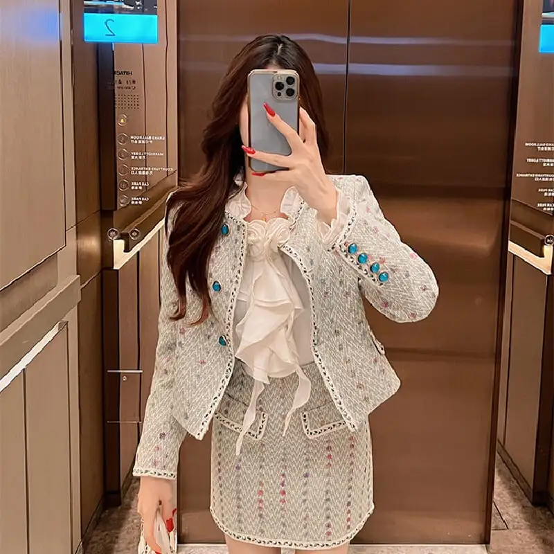 セットアップ テクスチャがいい 高品質 ツイード スパンコール 一 アウター+スカート