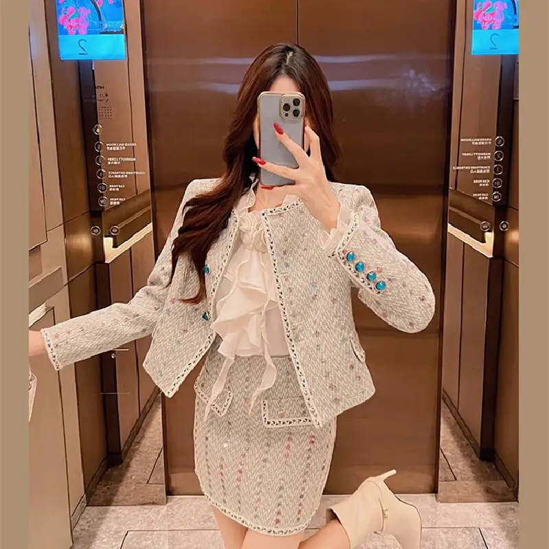 セットアップ テクスチャがいい 高品質 ツイード スパンコール 一 アウター+スカート