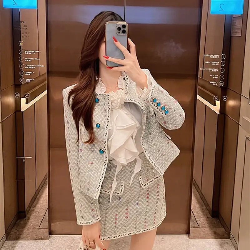 セットアップ テクスチャがいい 高品質 ツイード スパンコール 一 アウター+スカート