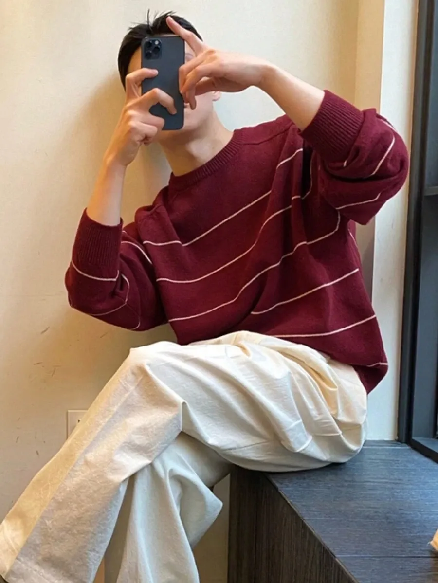 メンズ カジュアル レッドカラー ブロック ストライプ柄 セーター