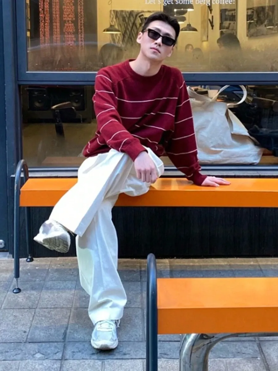 メンズ カジュアル レッドカラー ブロック ストライプ柄 セーター