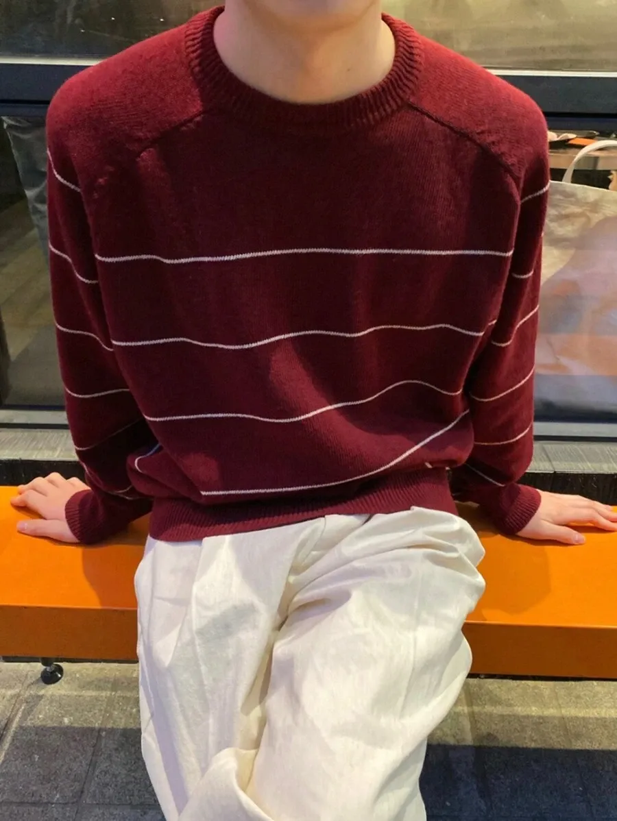 メンズ カジュアル レッドカラー ブロック ストライプ柄 セーター