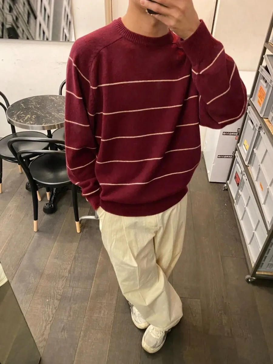 メンズ カジュアル レッドカラー ブロック ストライプ柄 セーター