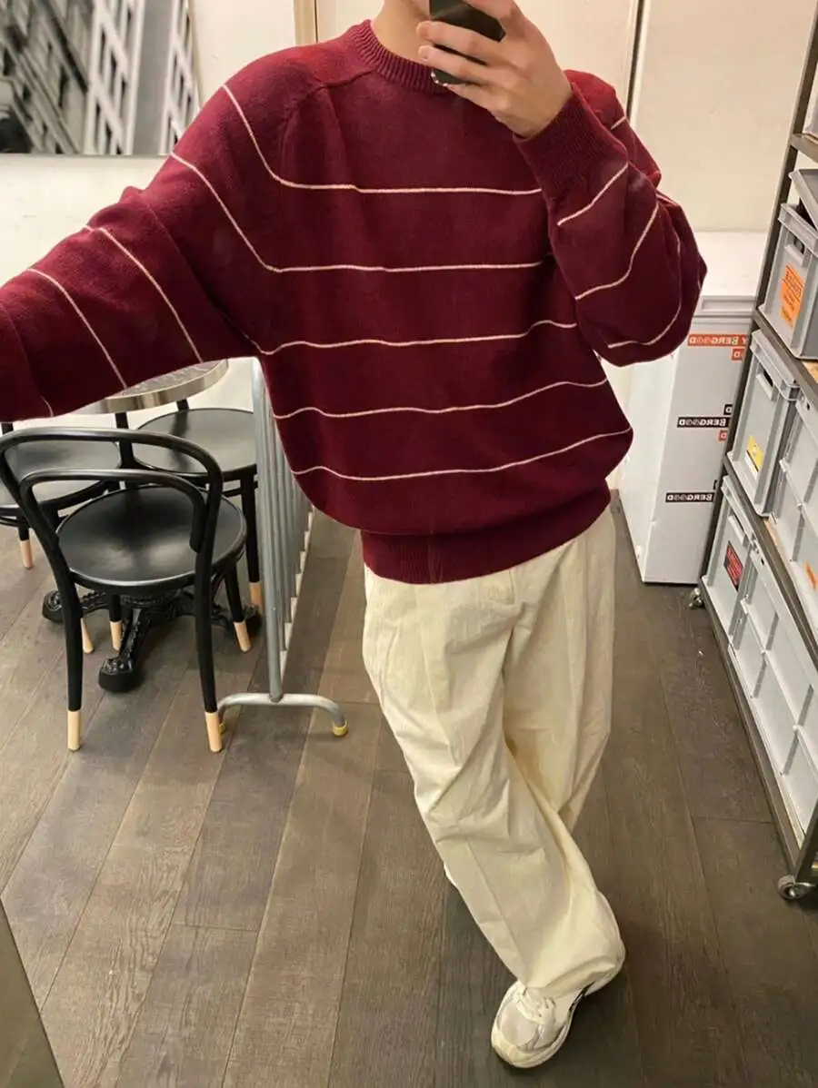 メンズ カジュアル レッドカラー ブロック ストライプ柄 セーター