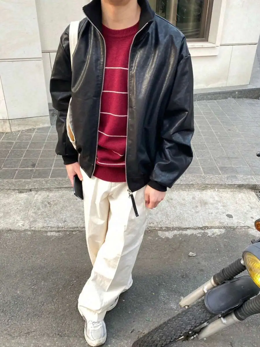 メンズ カジュアル レッドカラー ブロック ストライプ柄 セーター