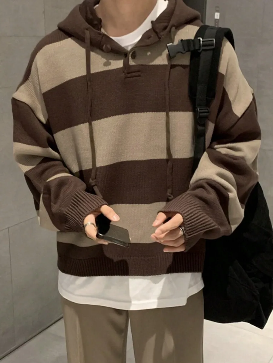 メンズ カラーブロック ドロップショルダー 紐付き パーカーセーター
