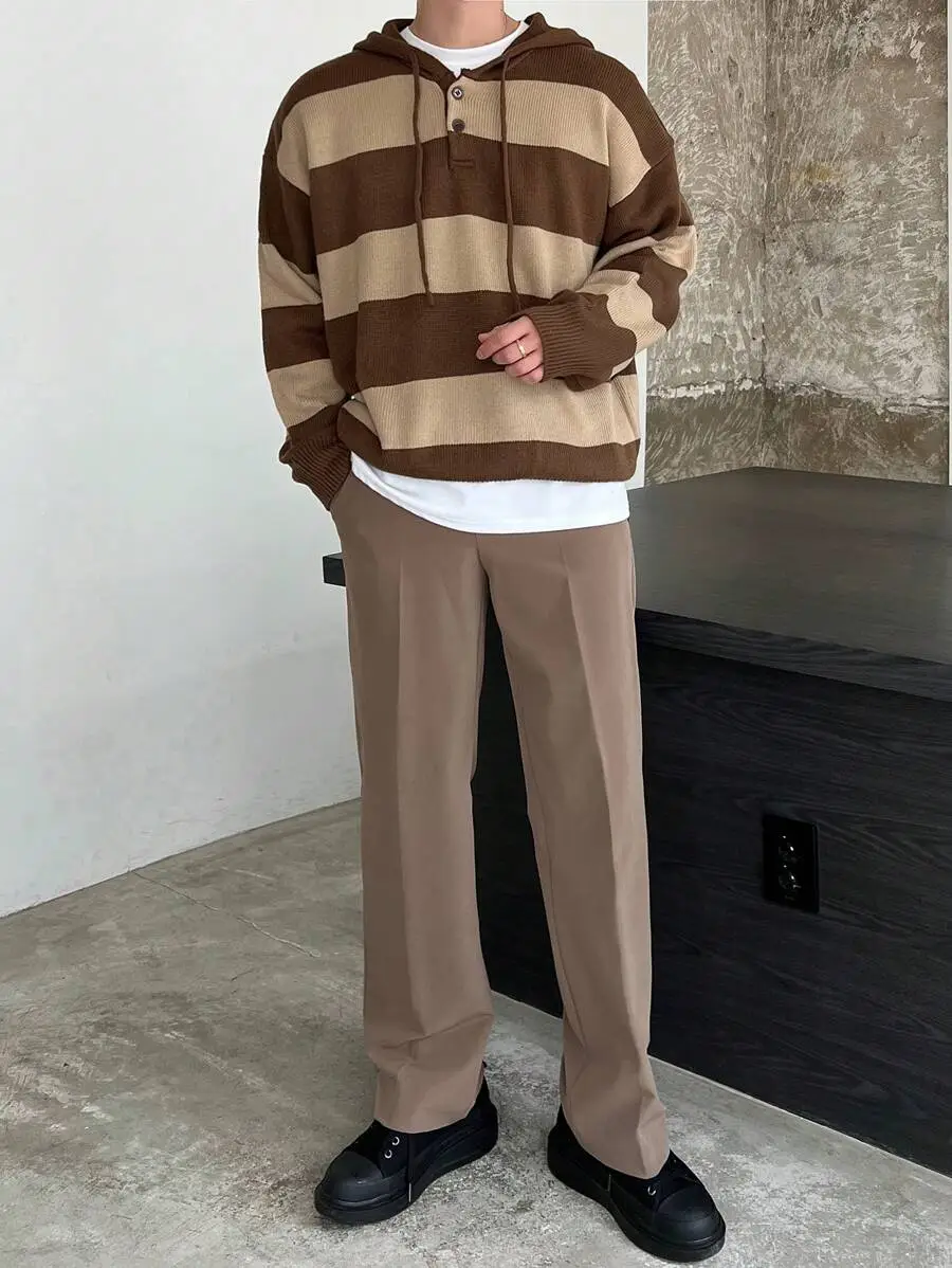 メンズ カラーブロック ドロップショルダー 紐付き パーカーセーター