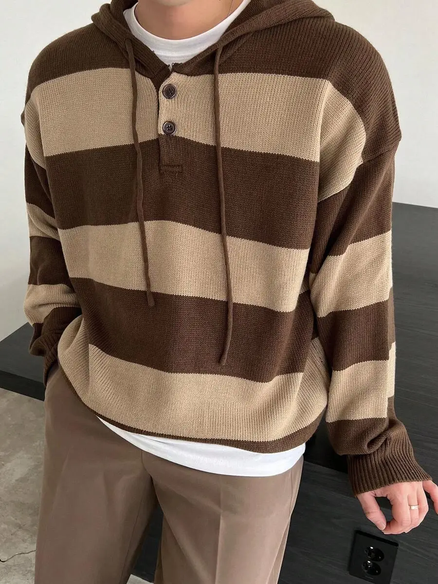 メンズ カラーブロック ドロップショルダー 紐付き パーカーセーター