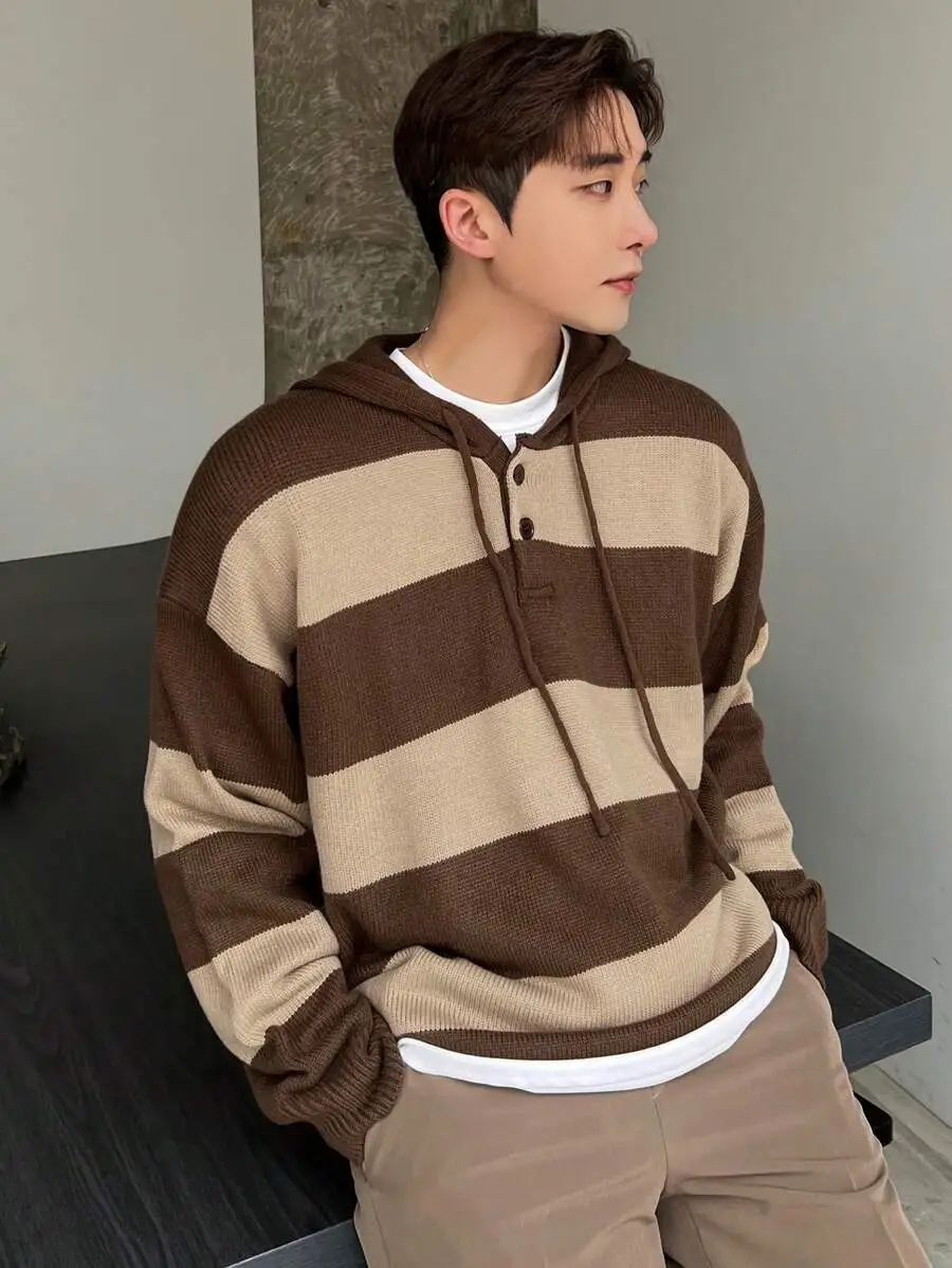 メンズ カラーブロック ドロップショルダー 紐付き パーカーセーター