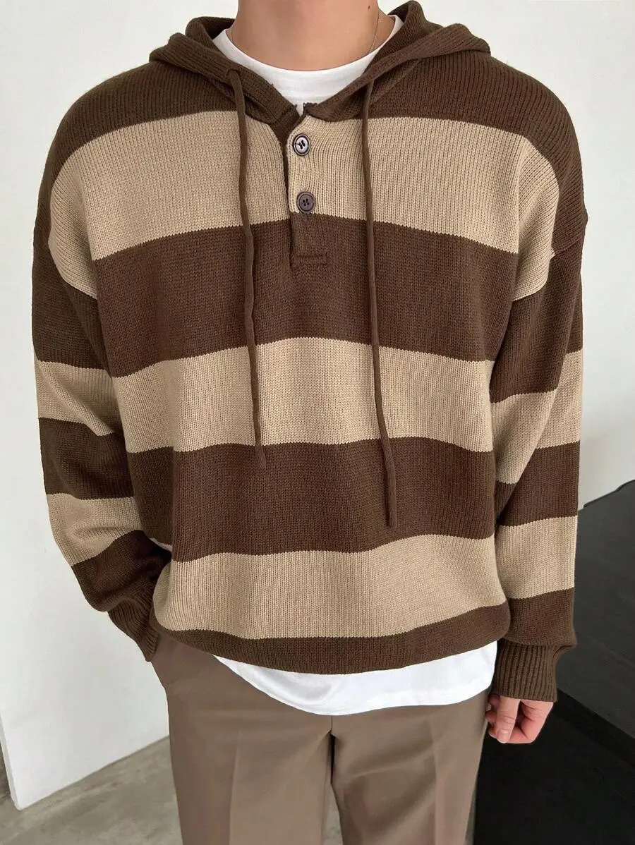 メンズ カラーブロック ドロップショルダー 紐付き パーカーセーター