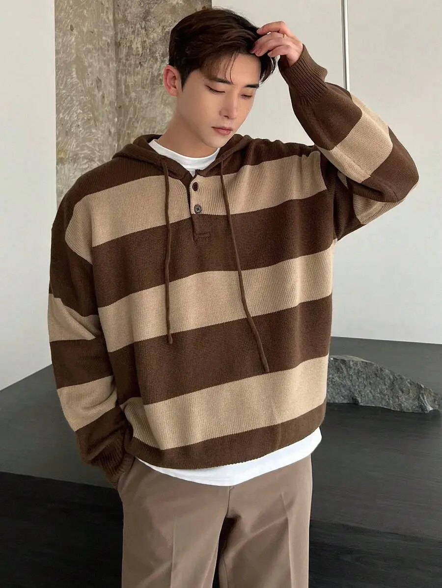 メンズ カラーブロック ドロップショルダー 紐付き パーカーセーター