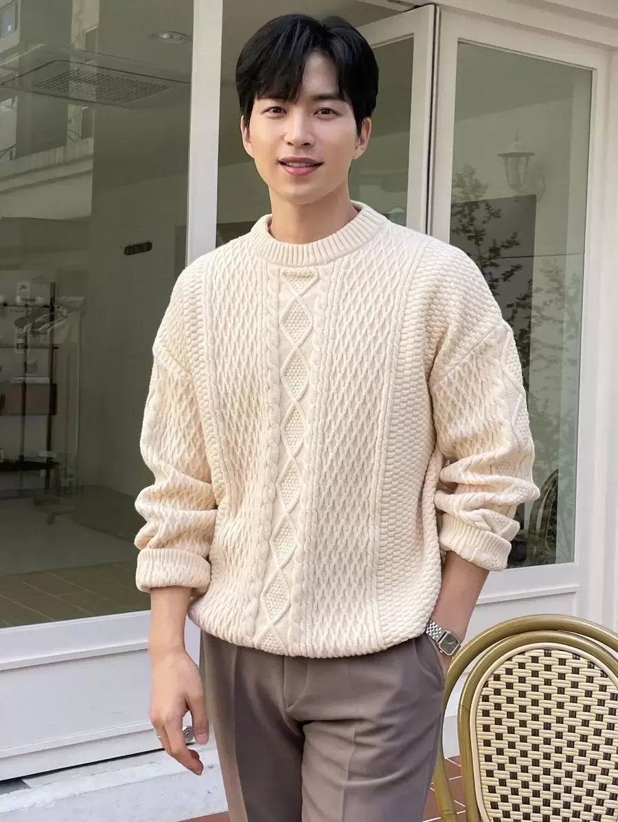 メンズ ケーブル編み ドロップショルダー ベージュ セーター