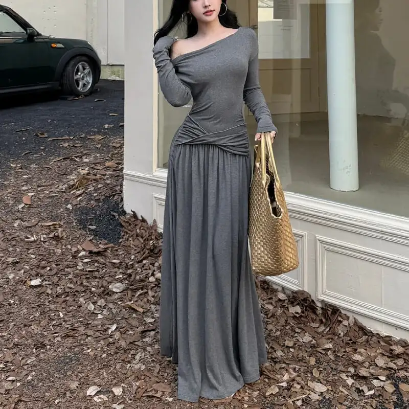 ロングワンピース オフショルダー ウエストシェイプ グレー