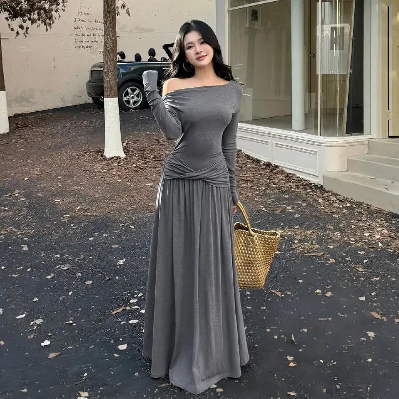 ロングワンピース オフショルダー ウエストシェイプ グレー
