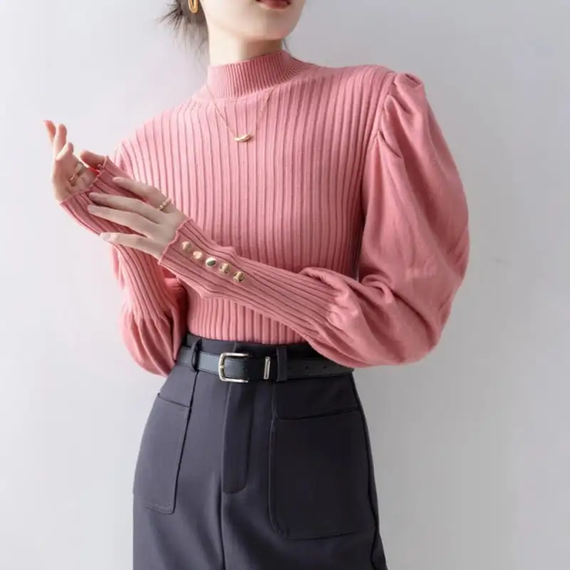 トップス ニットセーター 長袖 ランタンスリーブ デザイン感 無地 ピンク