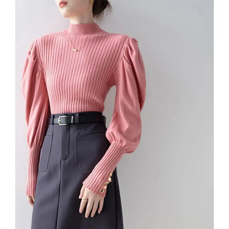 トップス ニットセーター 長袖 ランタンスリーブ デザイン感 無地 ピンク