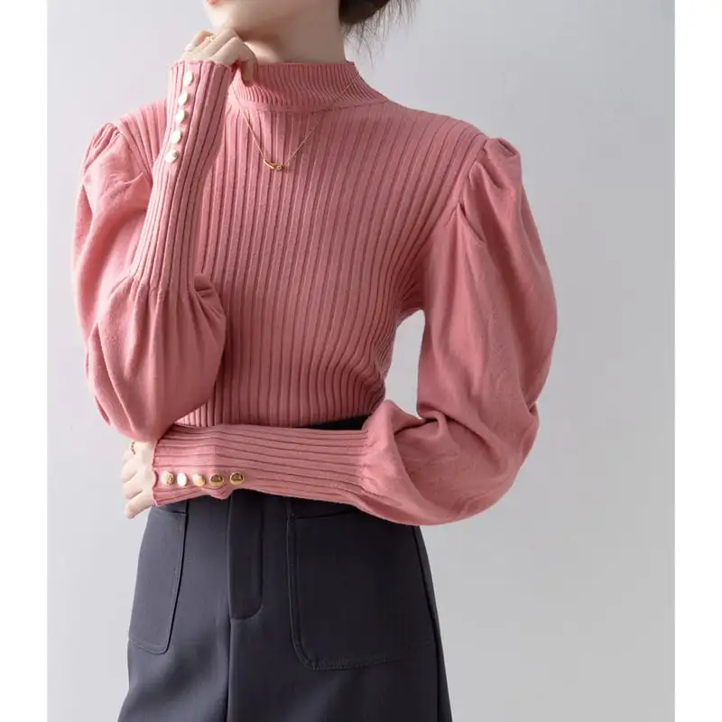 トップス ニットセーター 長袖 ランタンスリーブ デザイン感 無地 ピンク