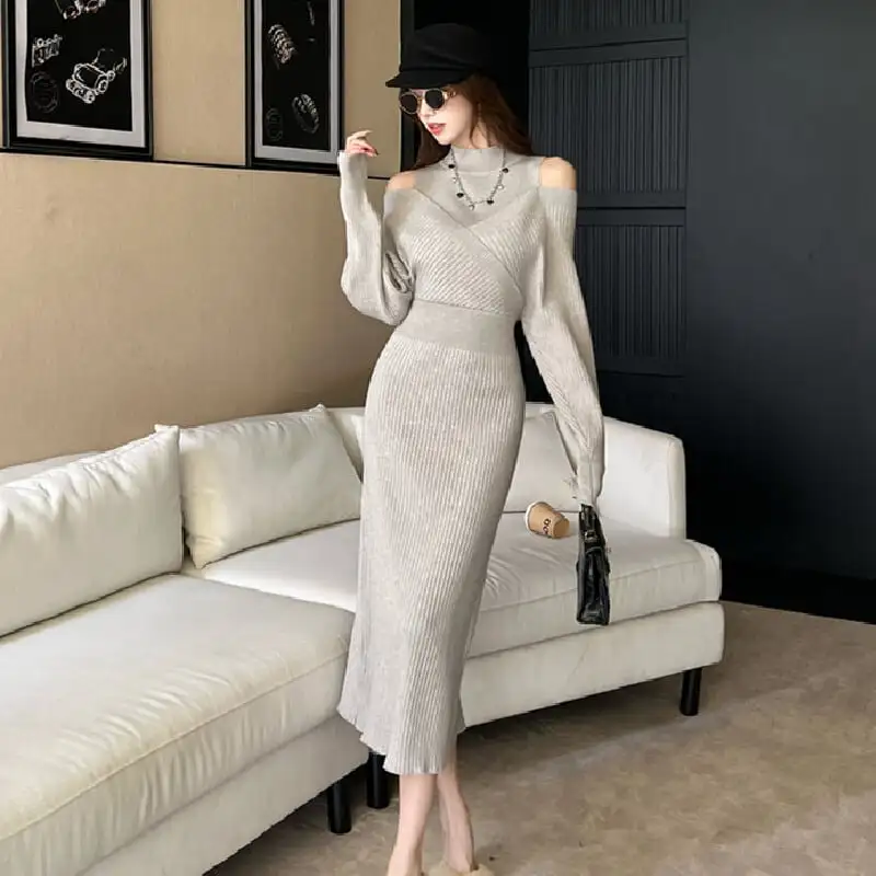 ワンピース オフショルダー ニット ライトグレー