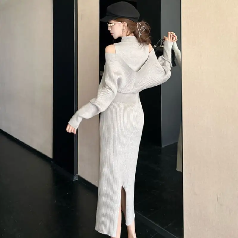 ワンピース オフショルダー ニット ライトグレー