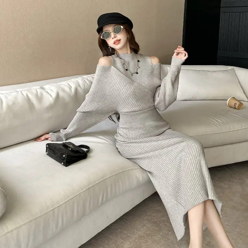 ワンピース オフショルダー ニット ライトグレー