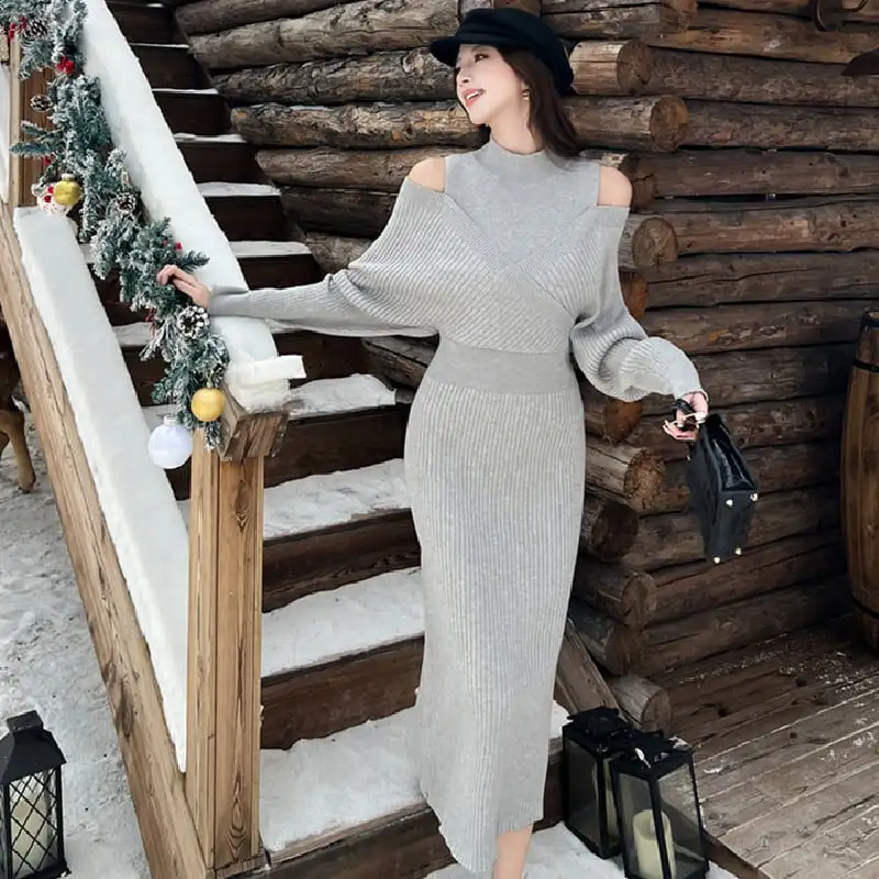 ワンピース オフショルダー ニット ライトグレー