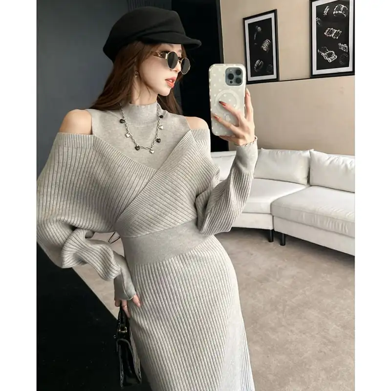 ワンピース オフショルダー ニット ライトグレー