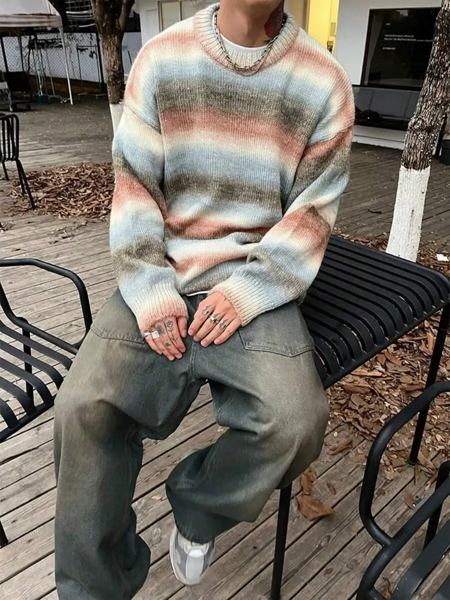 ゆったり ニットクルーネック セーター グラデーション 暖かく ルーズニットプルオーバー