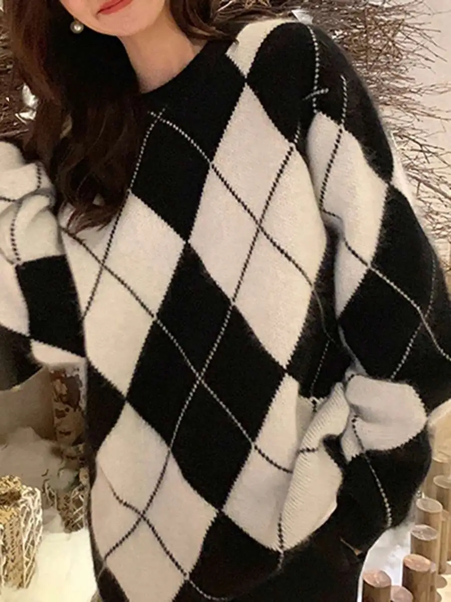 オーバーサイズアーガイルクルーネックセーター