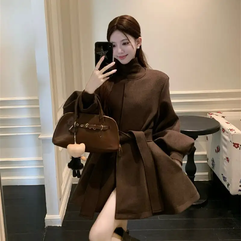 アウター コート レトロモード ランタンスリーブ ゆったり コーヒー色